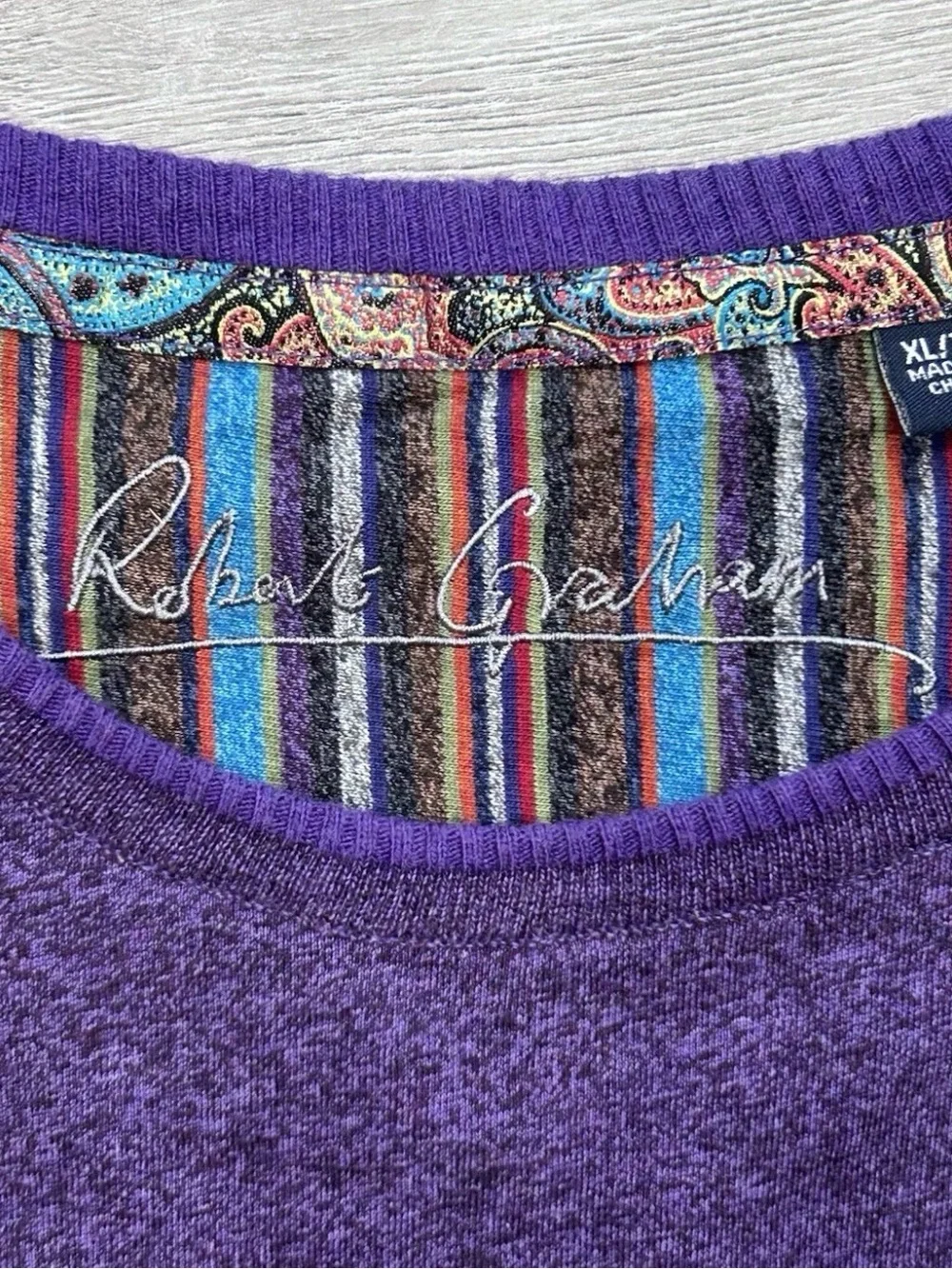 Robert Graham Men's XL Purple Heathered Long Sleeve Crew Neck Shirt Paisley Trim